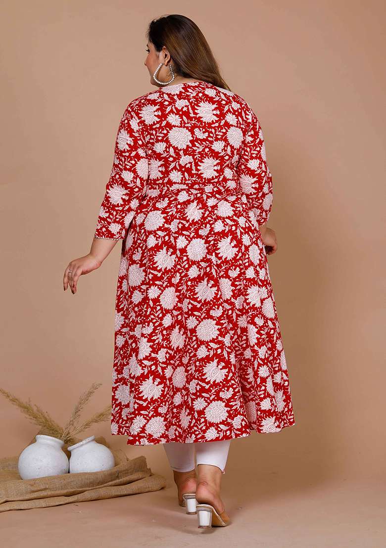 Red Floral Print Cotton Kurta - Indya