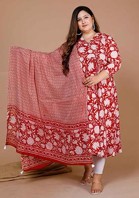 Red Printed Cotton Anarkali Set