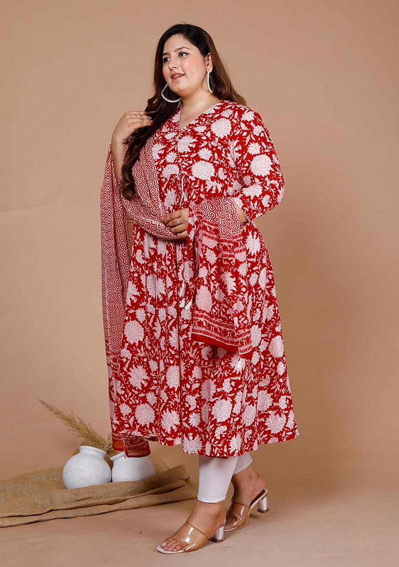 Red Printed Cotton Anarkali Set