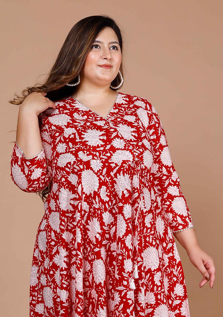 Red Printed Cotton Anarkali Set