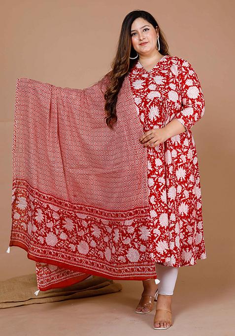 Red Printed Cotton Anarkali Set