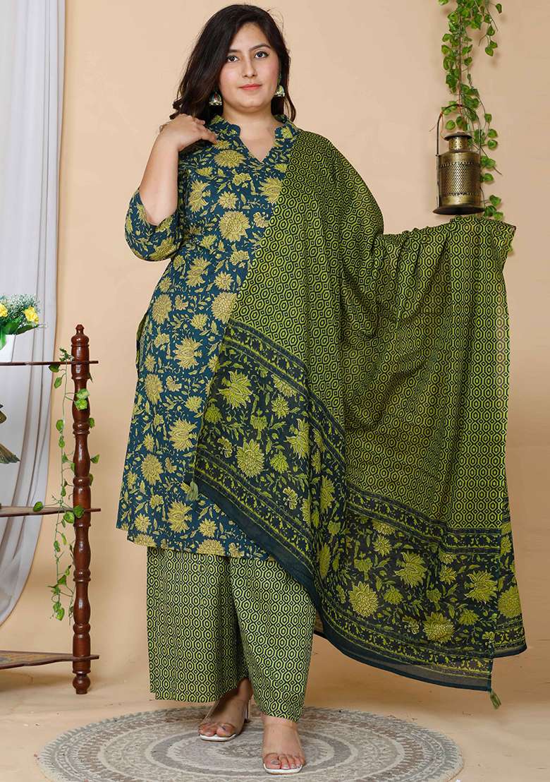 Green Printed Cotton Straight Kurta Set - Indya