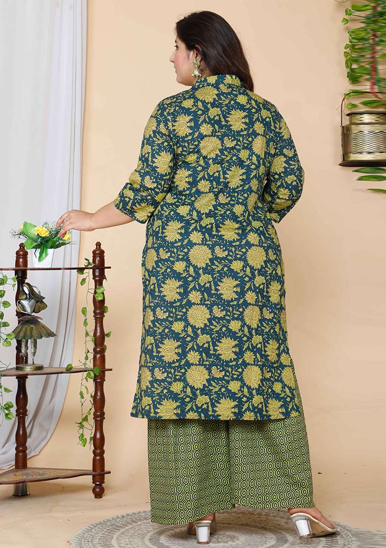 Green Printed Cotton Straight Kurta Set - Indya