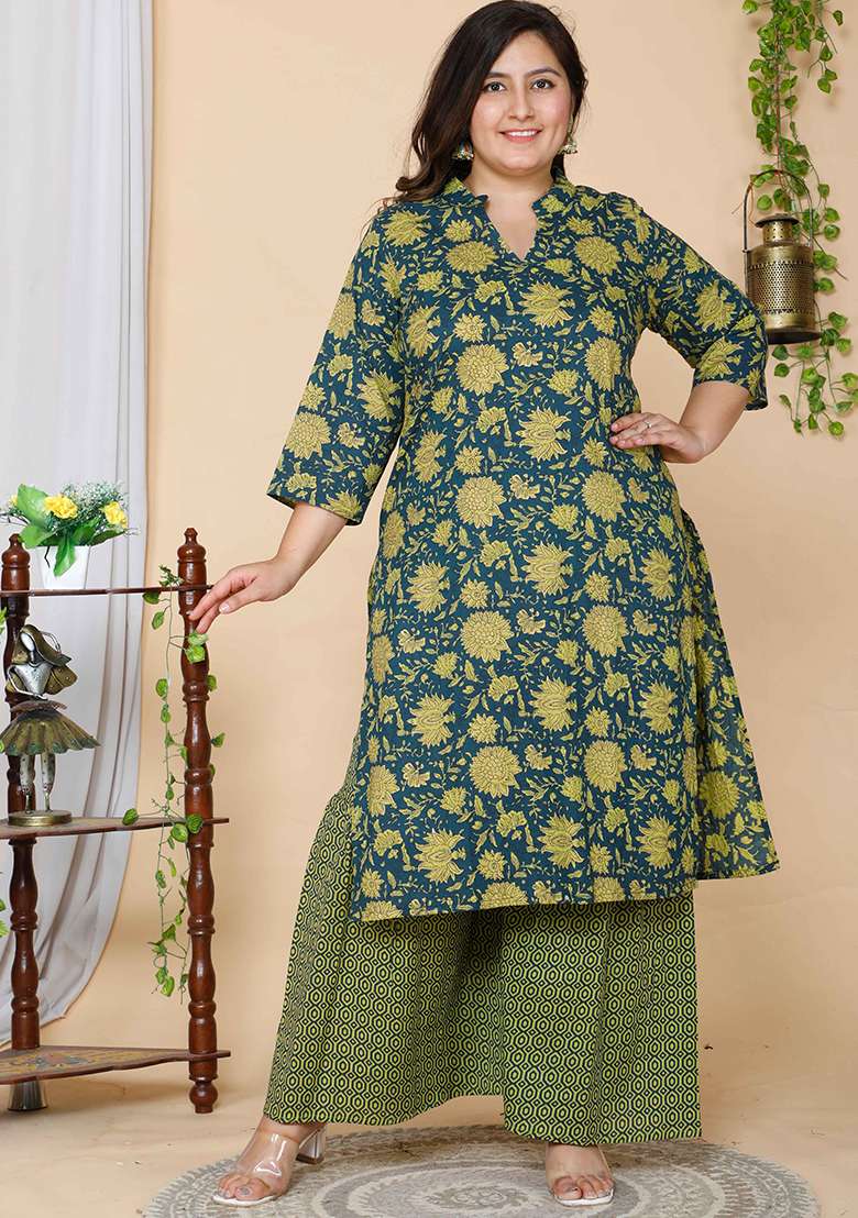 Green Floral Print Cotton A Line Kurta Set - Indya