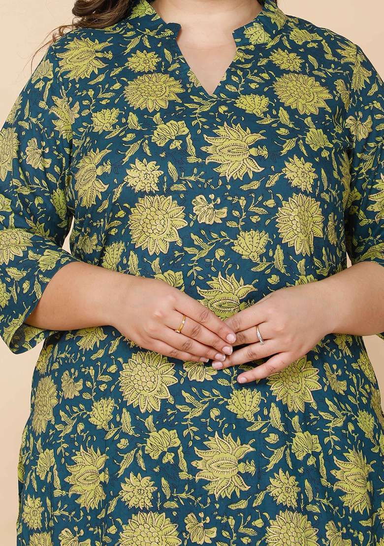 Green Floral Print Cotton A Line Kurta Set - Indya
