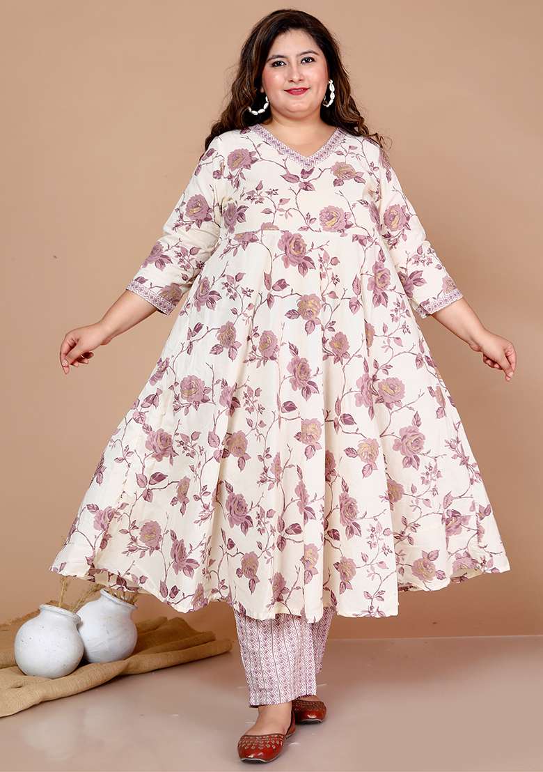 Pink Floral Print Cotton Anarkali Set - Indya