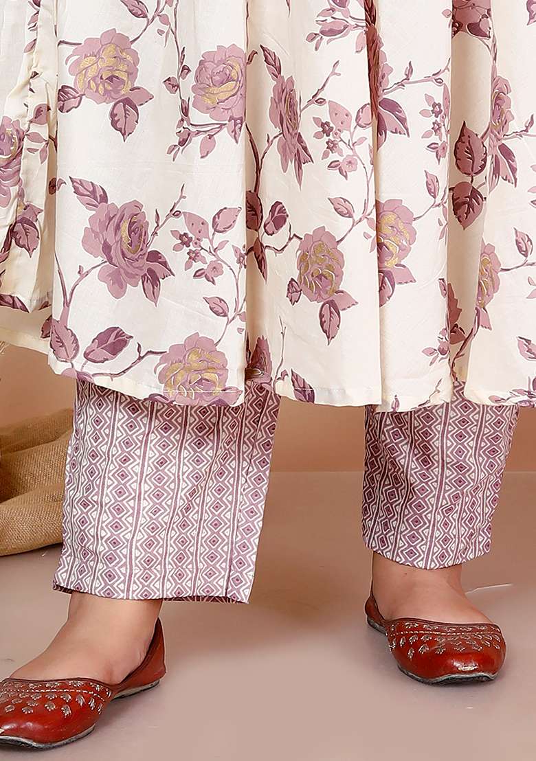 Pink Floral Print Cotton Anarkali Set - Indya