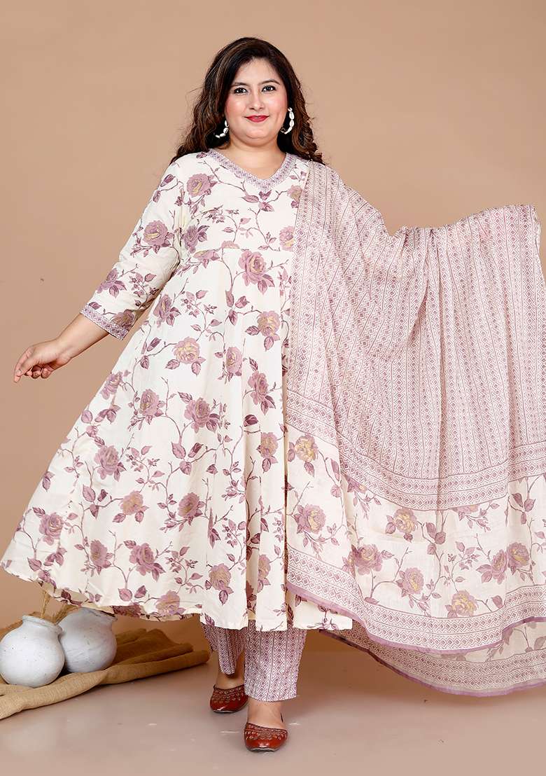 Pink Floral Print Cotton Anarkali Set - Indya