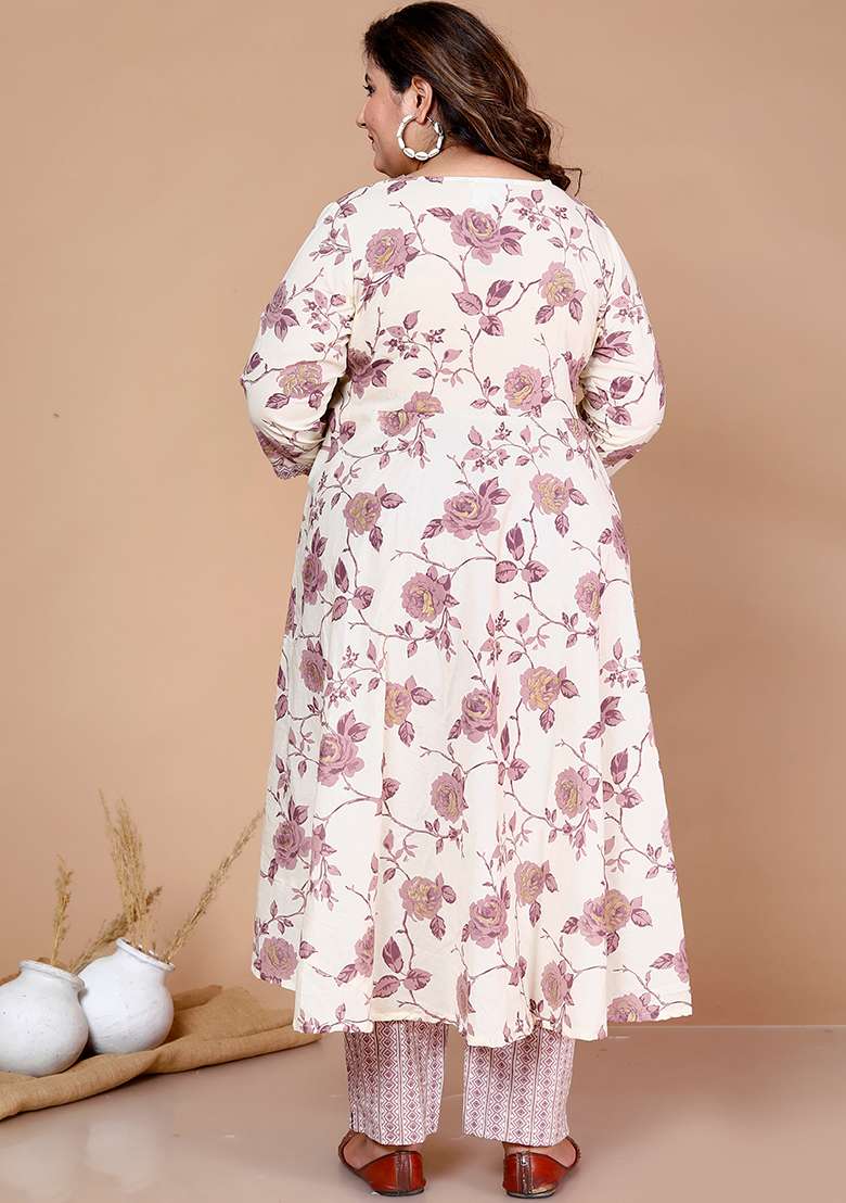 Pink Floral Print Cotton Anarkali Set - Indya