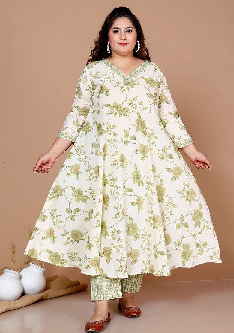 Green Embroidered Cotton A Line Kurta Set - Indya