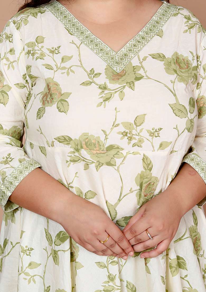 Green Embroidered Cotton A Line Kurta Set - Indya