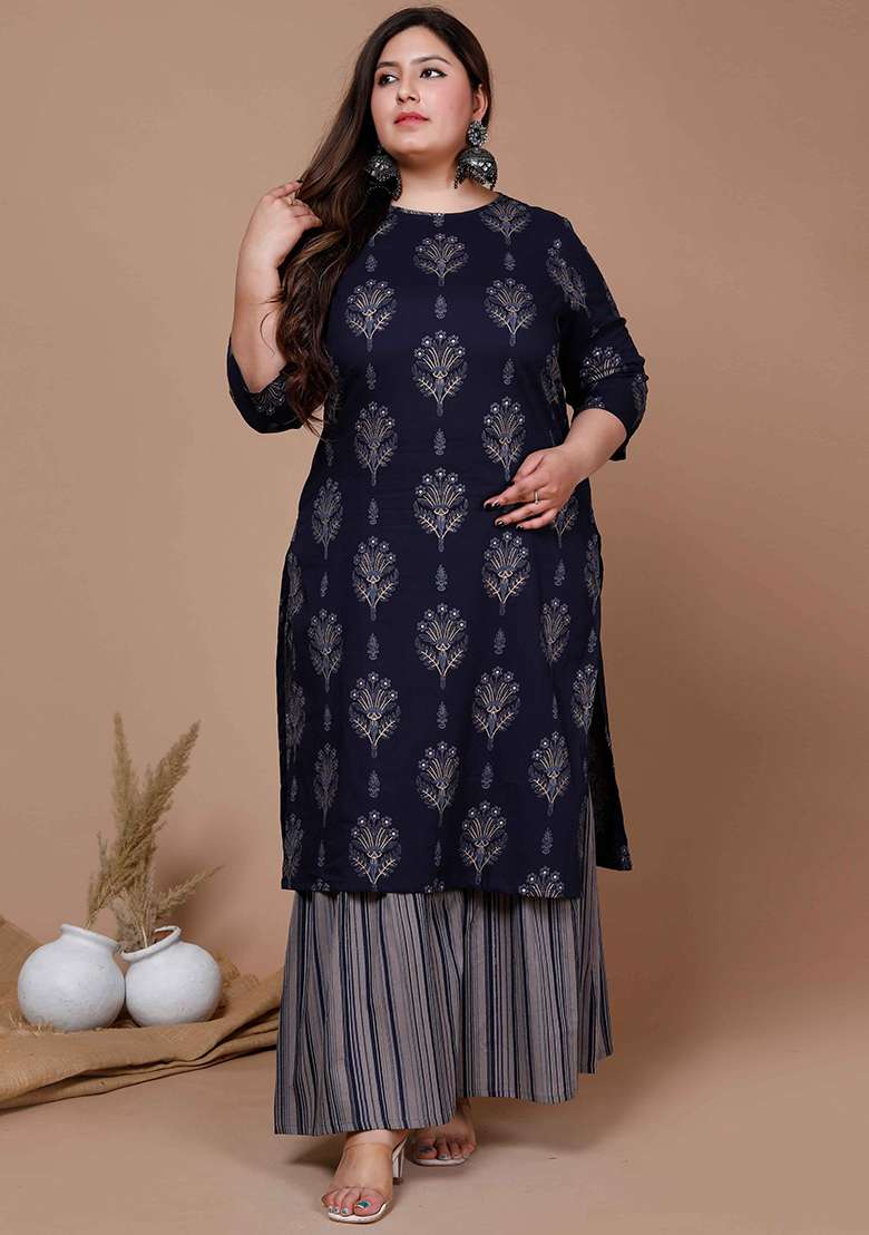 Blue Printed Cotton Straight Kurta Set - Indya