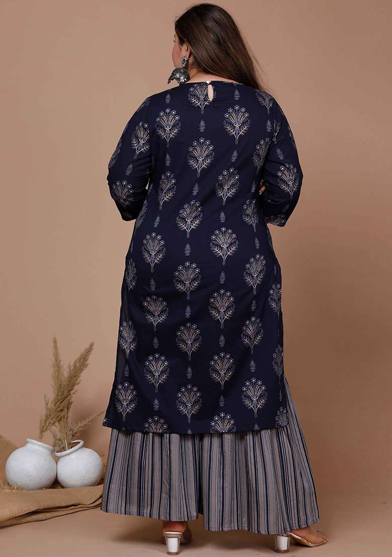 Blue Printed Cotton Straight Kurta Set - Indya
