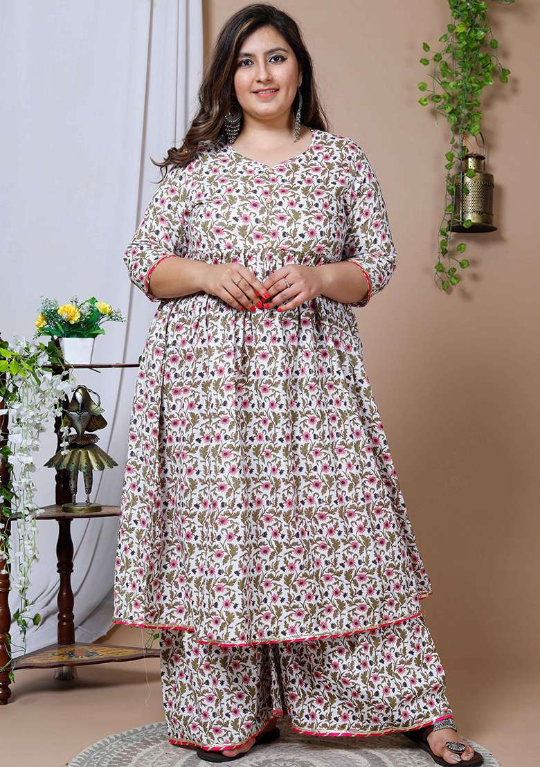 Pink Printed Cotton Salwar Kameez - Indya