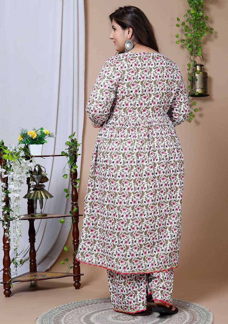 Pink Printed Cotton Salwar Kameez - Indya
