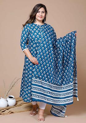 Blue Printed Cotton Anarkali Set