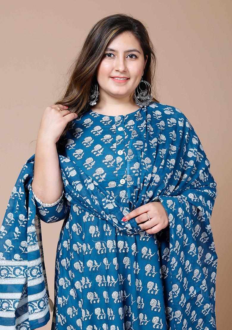 Blue Printed Cotton Anarkali Set