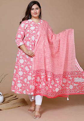 Pink Printed Cotton Anarkali Set