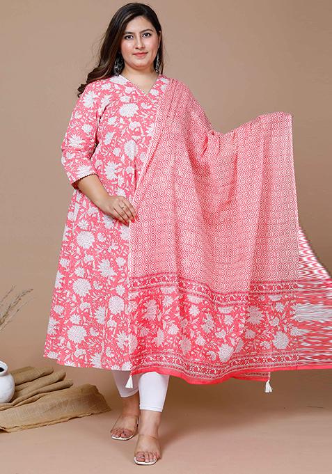 Pink Printed Cotton Anarkali Set
