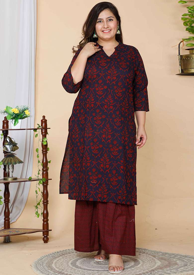 Maroon Printed Cotton Straight Kurta Set - Indya