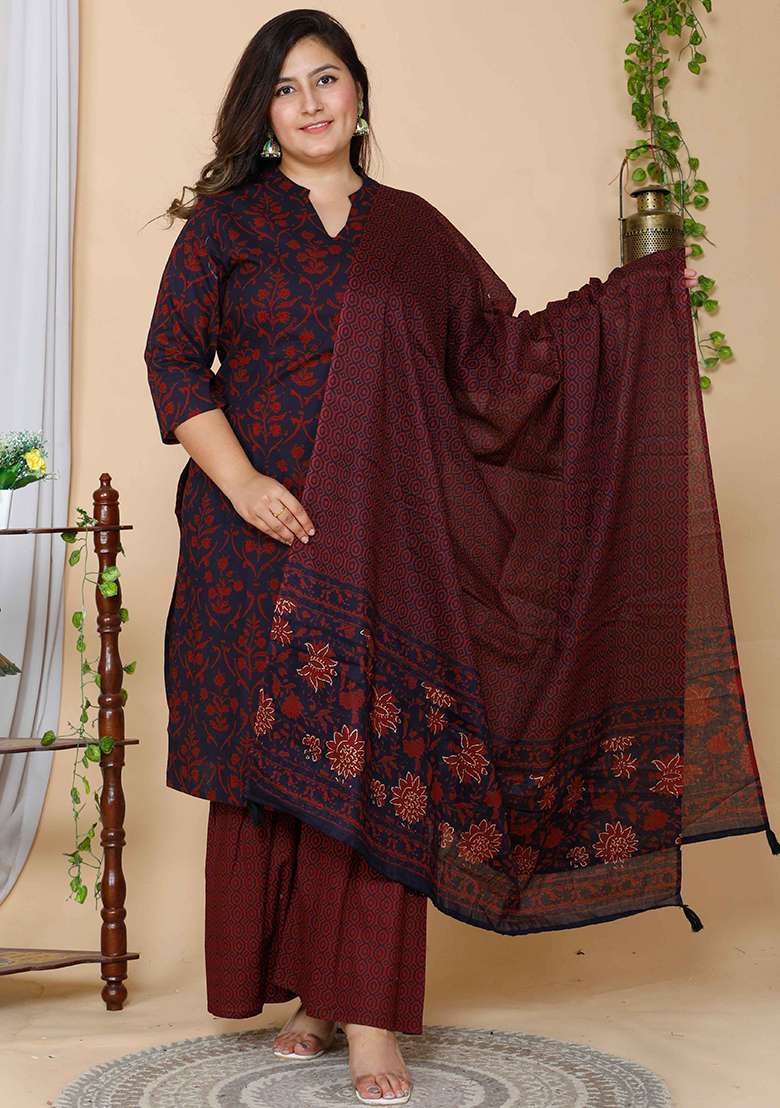 Maroon Printed Cotton Straight Kurta Set - Indya