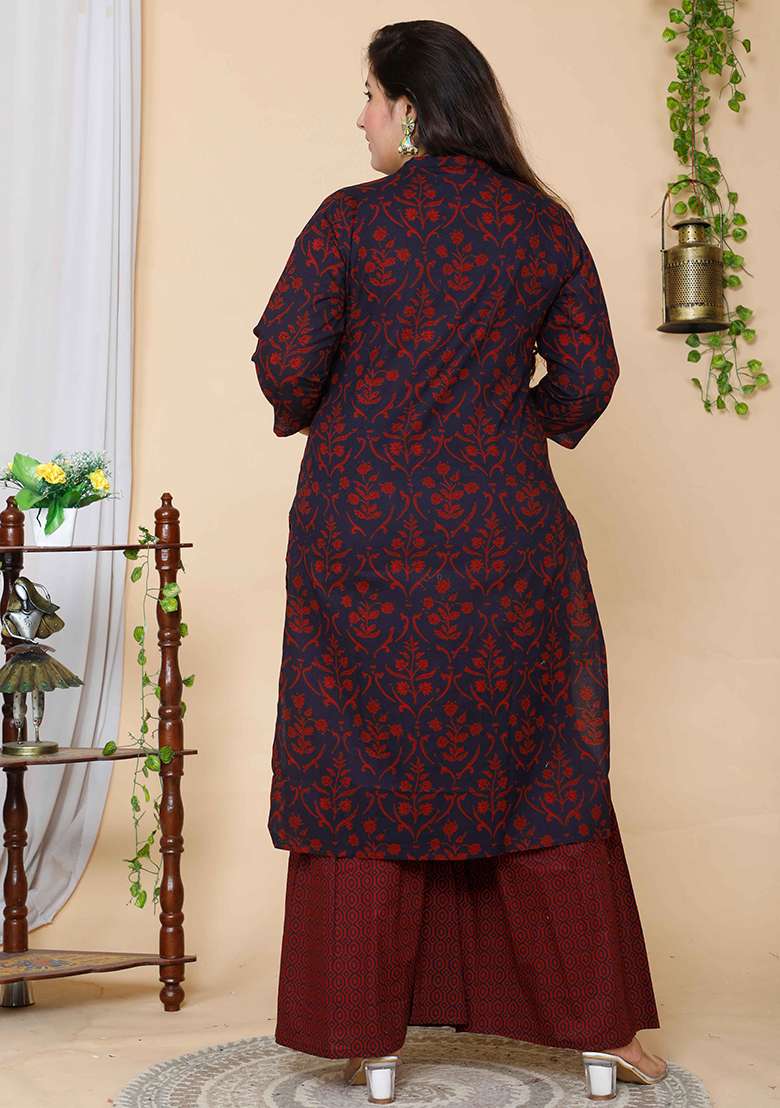 Maroon Printed Cotton Straight Kurta Set - Indya