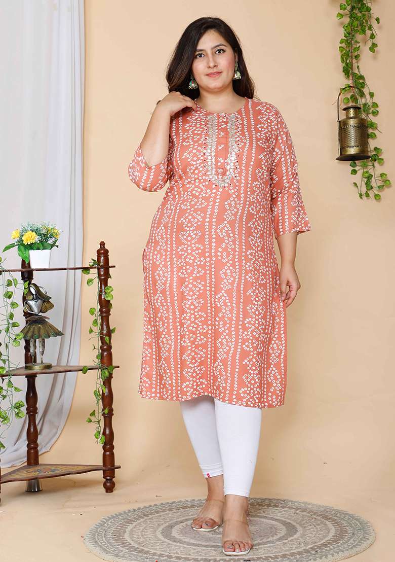 Peach Printed Rayon Kurta - Indya