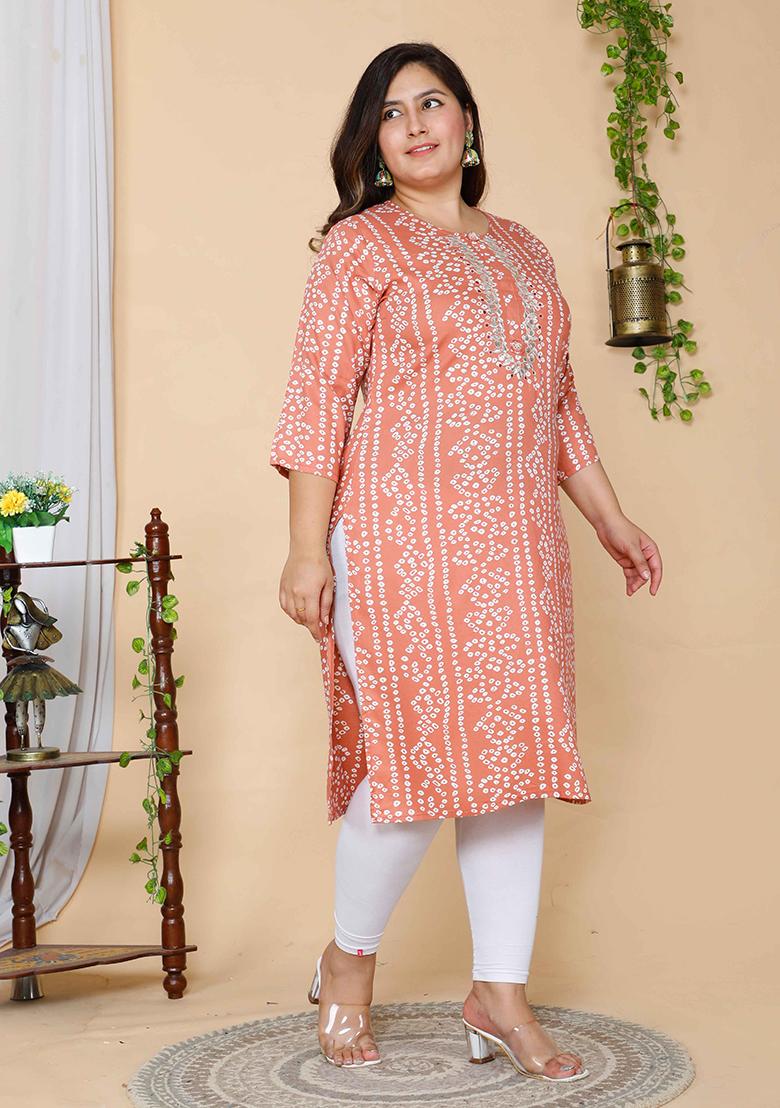 Peach Bandhani Print Rayon Kurta