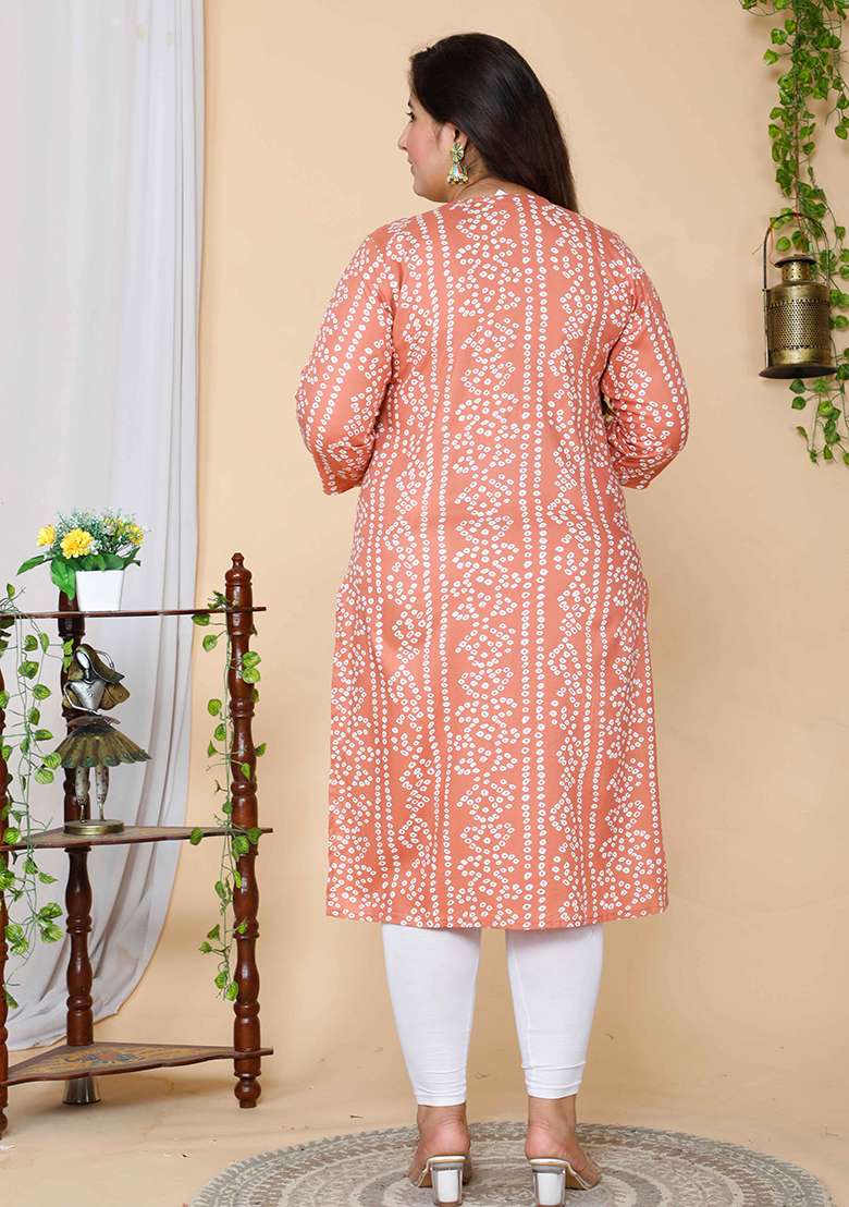 Peach Printed Rayon Kurta - Indya