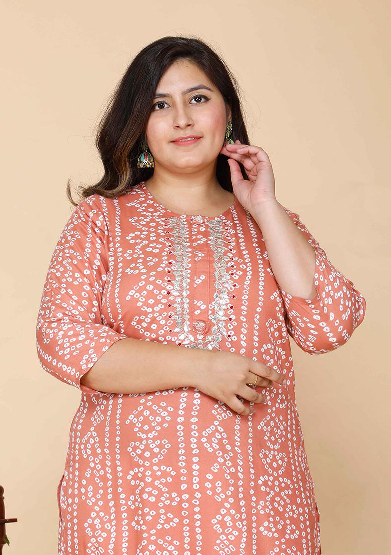 Peach Bandhani Print Rayon Kurta