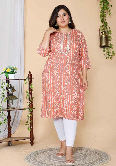 Peach Bandhani Print Rayon Kurta