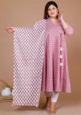 Pink Printed Cotton Anarkali Set