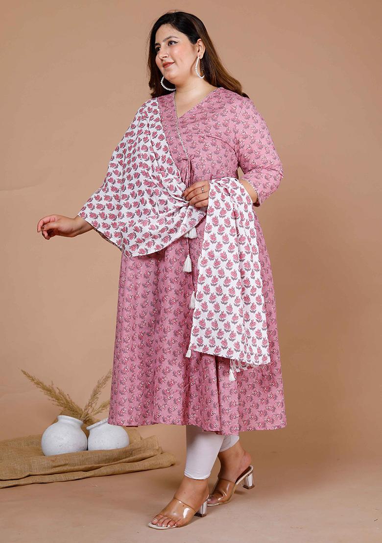 Pink Printed Cotton Anarkali Set