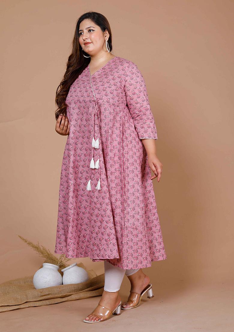 Pink Printed Cotton Anarkali Set