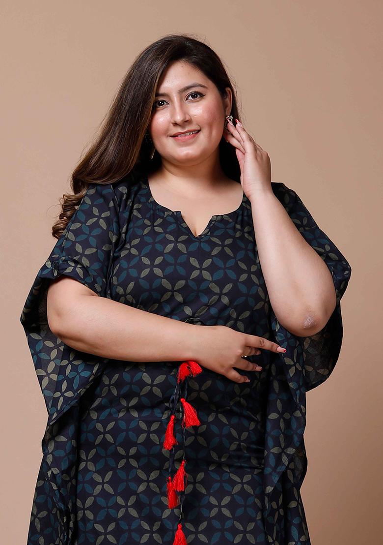 Navy Blue Printed Cotton Kaftan