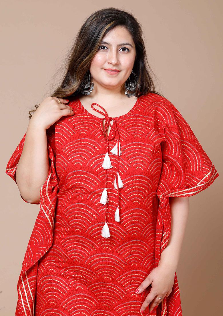 Red Bandhani Print Cotton Kaftan
