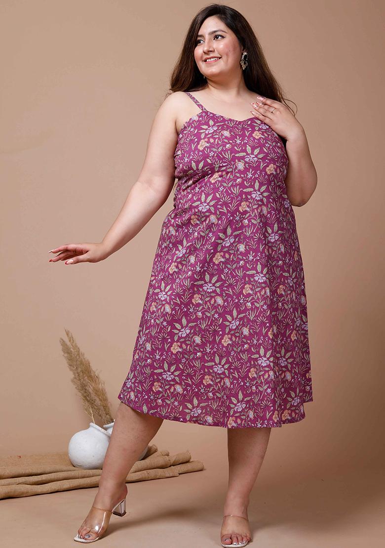 Purple Floral Print Cotton Dress