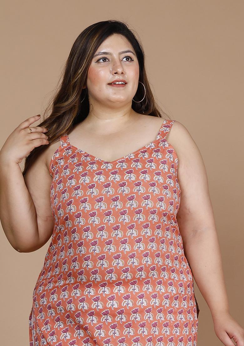 Peach Printed Cotton Kurta