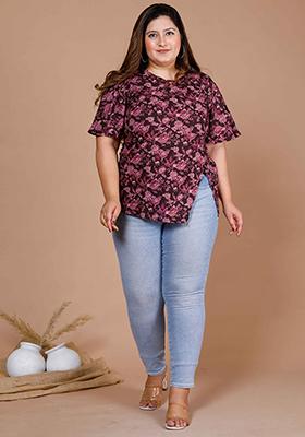 Maroon Printed Cotton Short Kurti