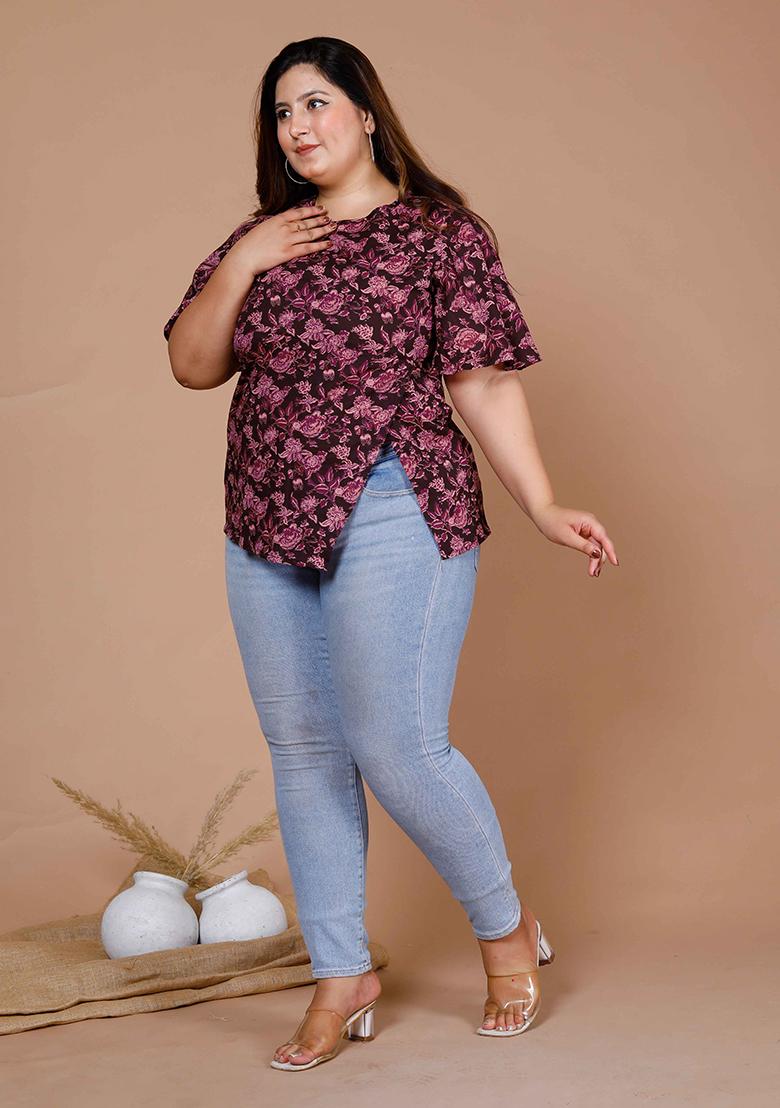 Maroon Printed Cotton Short Kurti