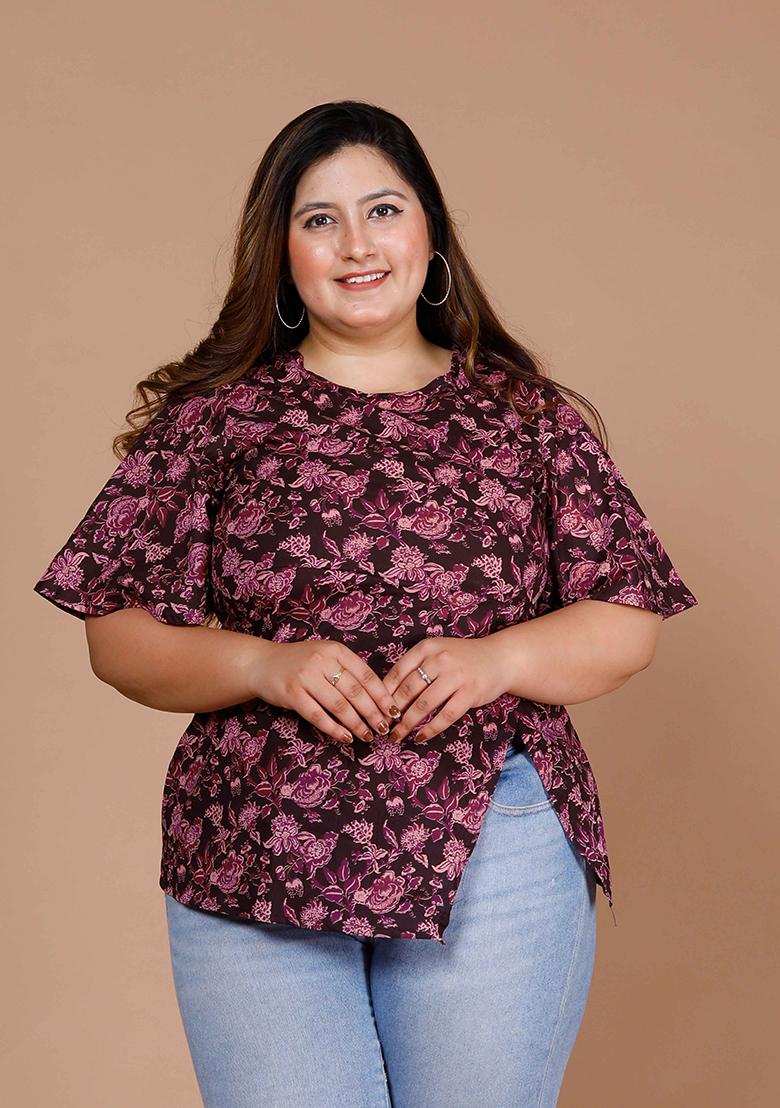 Maroon Printed Cotton Short Kurti