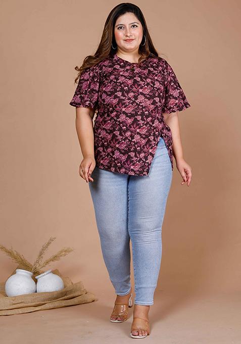 Maroon Printed Cotton Short Kurti