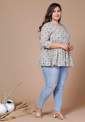 Beige Printed Cotton Short Kurti