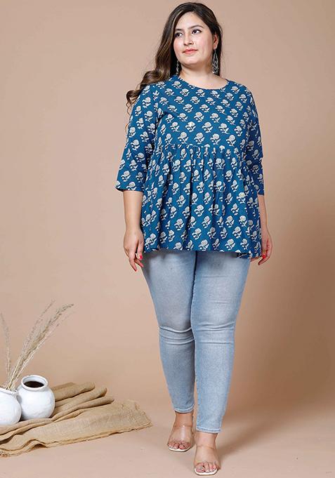 Blue Printed Cotton Short Kurti