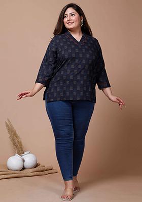 Navy Blue Printed Cotton Short Kurti