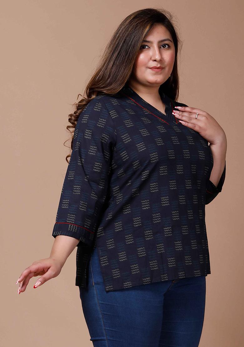 Navy Blue Printed Cotton Short Kurti