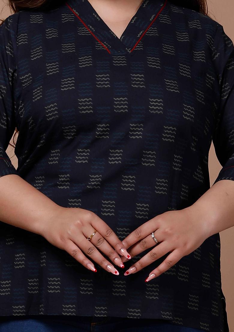Navy Blue Printed Cotton Short Kurti
