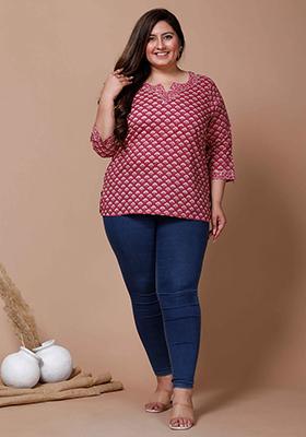 Pink Printed Cotton Short Kurti