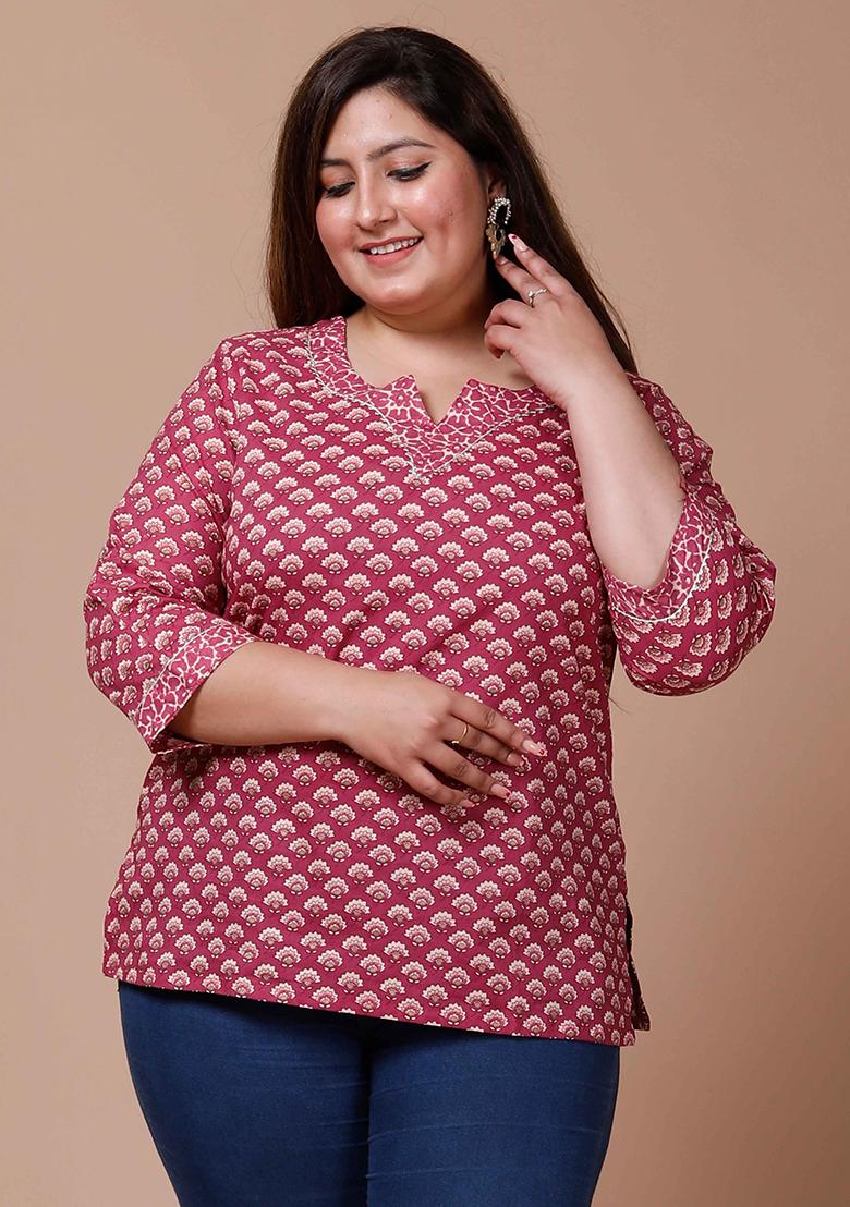 Pink Printed Cotton Short Kurti