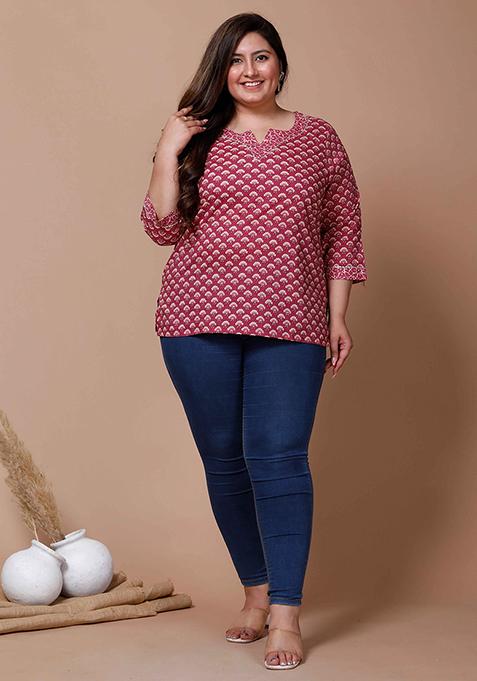 Pink Printed Cotton Short Kurti